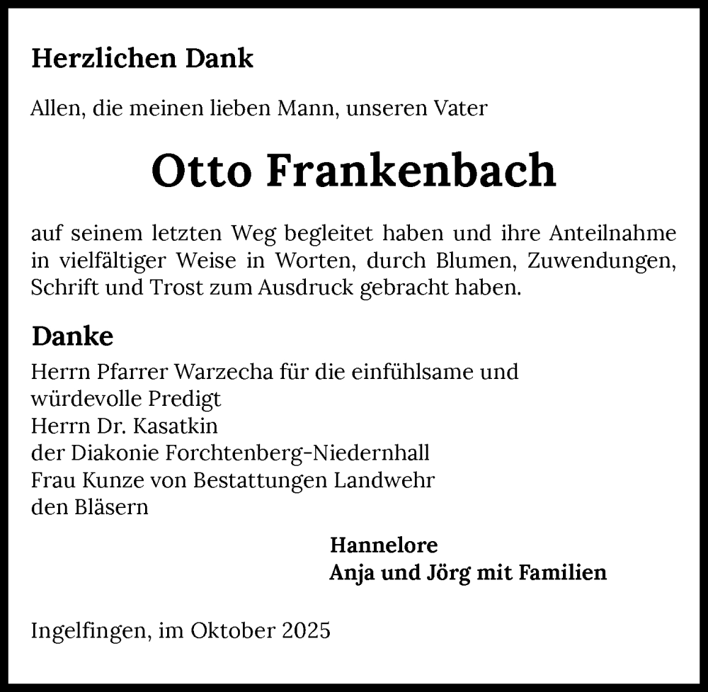  Traueranzeige für Otto Frankenbach vom 10.10.2025 aus GESAMT