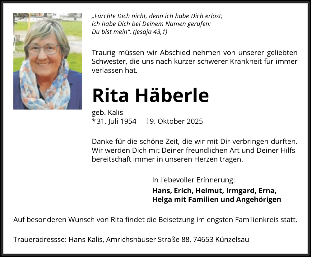  Traueranzeige für Rita Häberle vom 16.10.2025 aus GESAMT