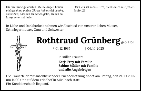 Traueranzeige von Rothtraud Grünberg von GESAMT