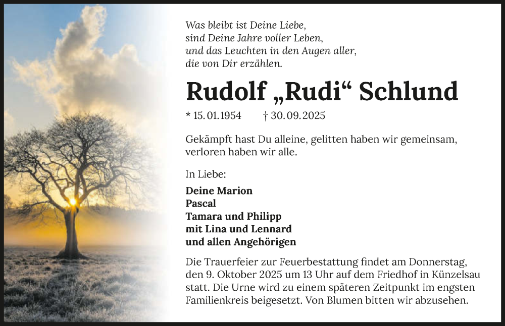  Traueranzeige für Rudolf Schlund vom 06.10.2025 aus GESAMT
