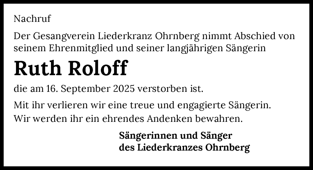  Traueranzeige für Ruth Roloff vom 01.10.2025 aus GESAMT