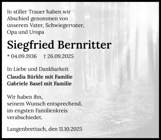 Traueranzeige von Siegfried Bernritter von GESAMT