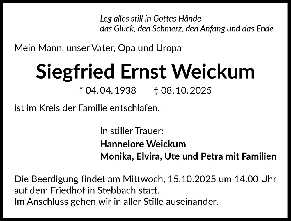 Traueranzeige für Siegfried Ernst Weickum vom 11.10.2025 aus GESAMT