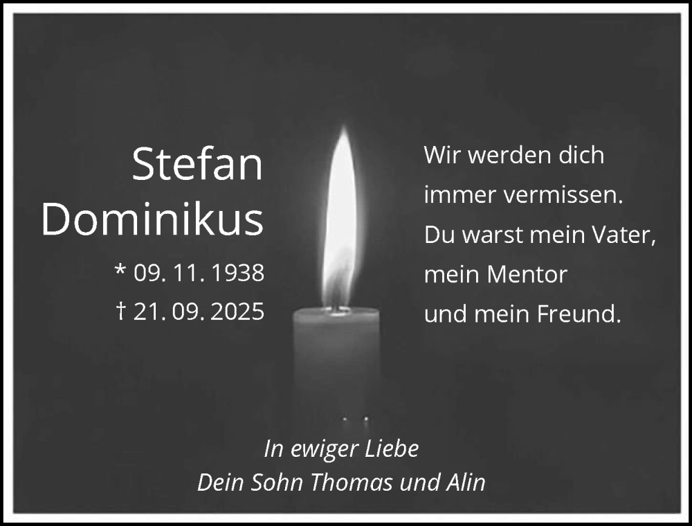  Traueranzeige für Stefan Dominikus vom 13.10.2025 aus GESAMT
