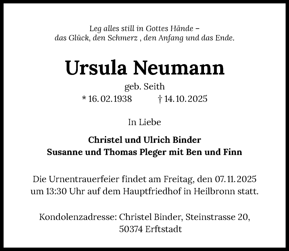  Traueranzeige für Ursula Neumann vom 31.10.2025 aus GESAMT