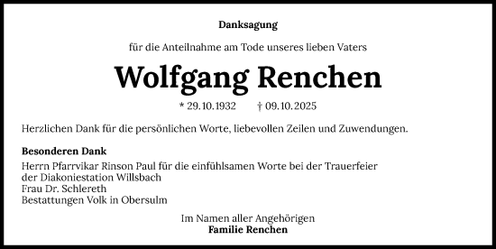 Traueranzeige von Wolfgang Renchen von GESAMT