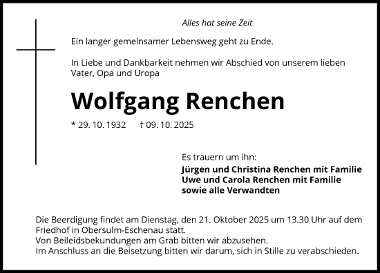 Traueranzeige von Wolfgang Renchen von GESAMT