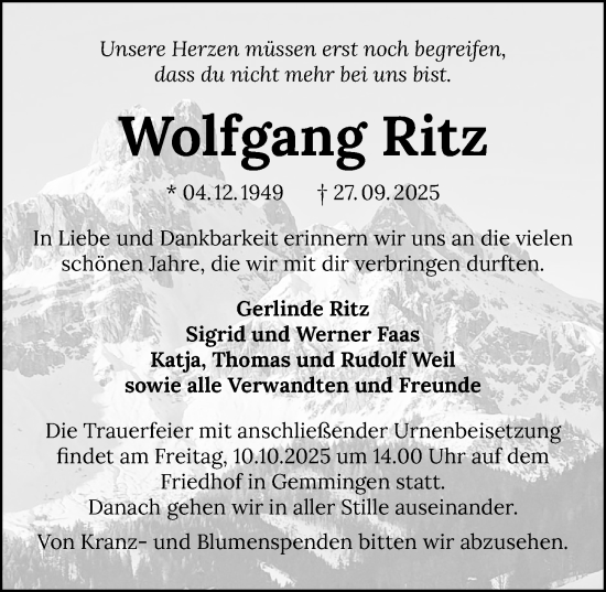 Traueranzeige von Wolfgang Ritz von GESAMT