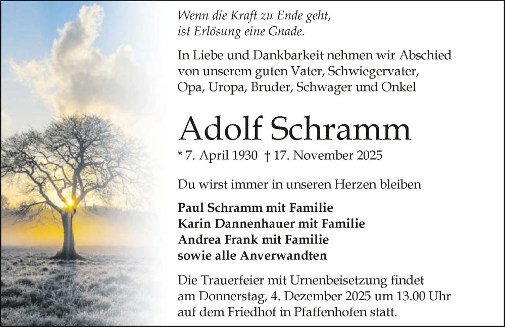  Traueranzeige für Adolf Schramm vom 29.11.2025 aus GESAMT
