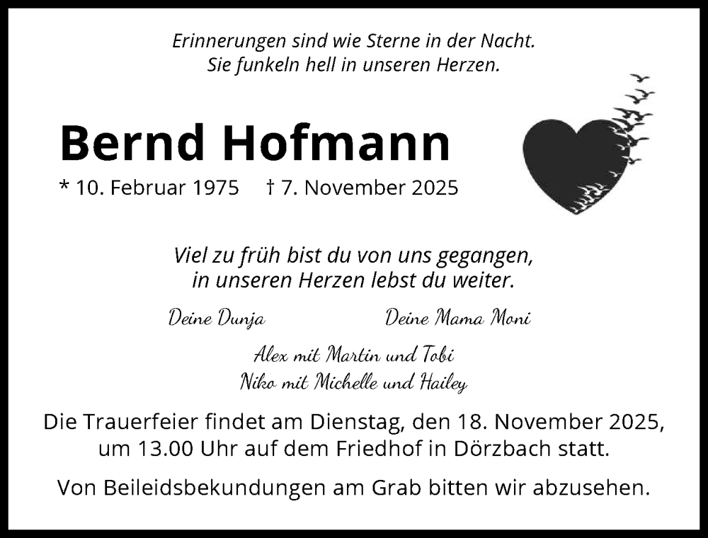  Traueranzeige für Bernd Hofmann vom 14.11.2025 aus GESAMT