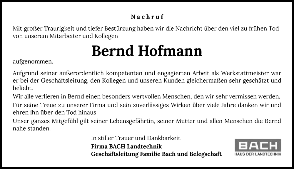  Traueranzeige für Bernd Hofmann vom 15.11.2025 aus GESAMT
