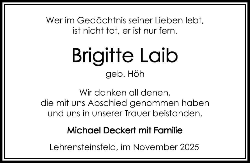  Traueranzeige für Brigitte Laib vom 29.11.2025 aus GESAMT