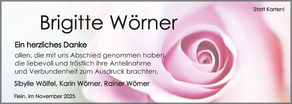  Traueranzeige für Brigitte Wörner vom 08.11.2025 aus GESAMT
