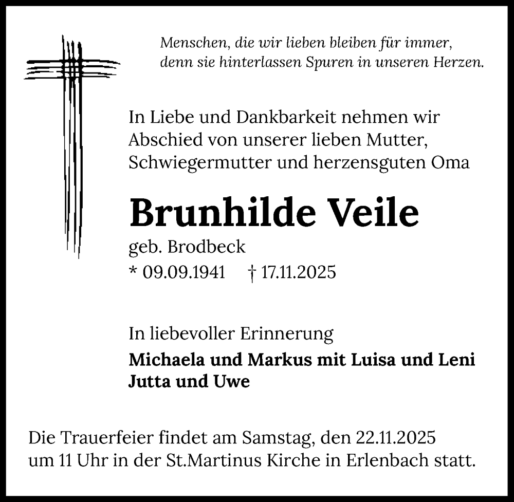  Traueranzeige für Brunhilde Veile vom 20.11.2025 aus GESAMT