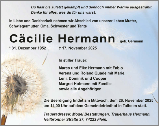 Traueranzeige von Cäcilie Hermann von GESAMT