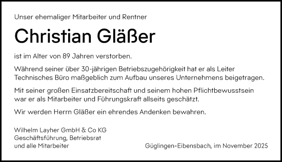 Traueranzeige von Christian Gläßer von GESAMT