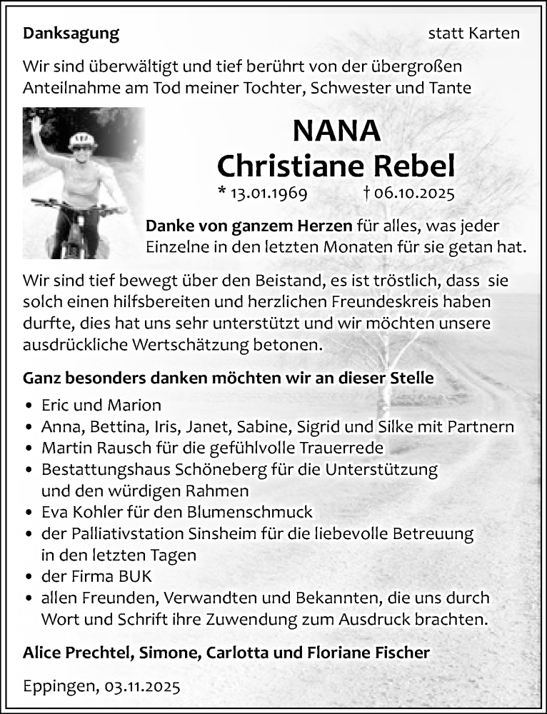 Traueranzeige für Christiane Rebel vom 08.11.2025 aus GESAMT