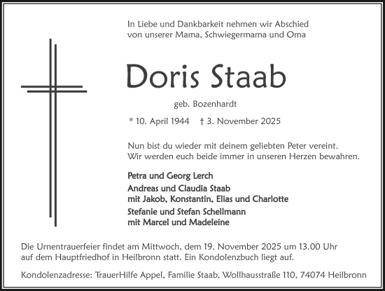 Traueranzeige von Doris Staab von GESAMT