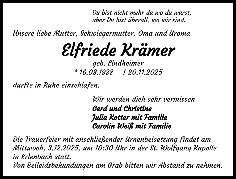  Traueranzeige für Elfriede Krämer vom 29.11.2025 aus GESAMT