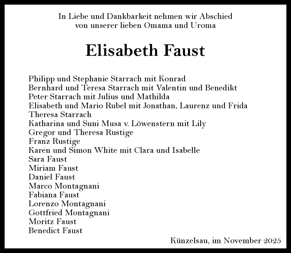  Traueranzeige für Elisabeth Faust vom 15.11.2025 aus GESAMT