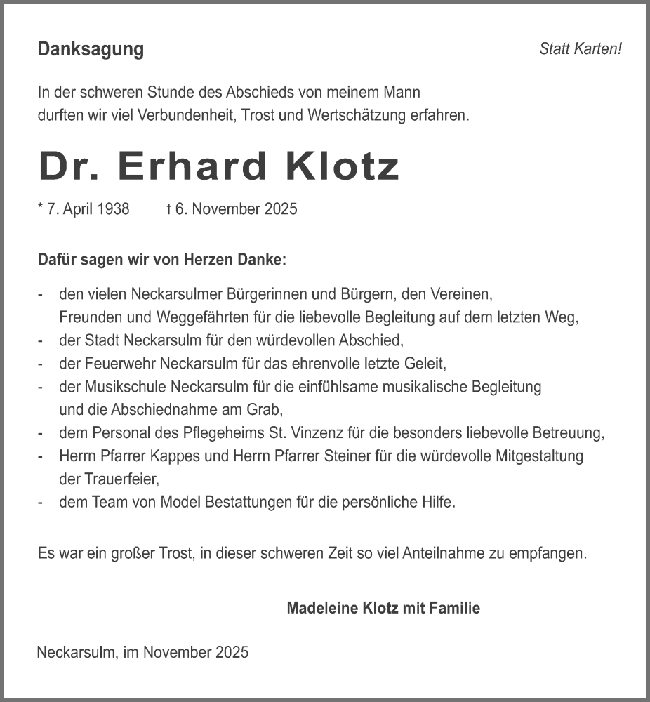  Traueranzeige für Erhard Klotz vom 22.11.2025 aus GESAMT