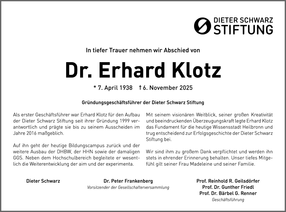  Traueranzeige für Erhard Klotz vom 12.11.2025 aus GESAMT