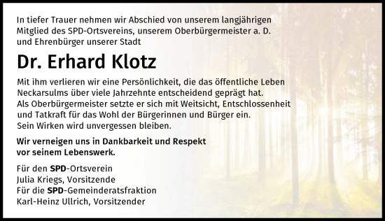 Traueranzeige von Erhard Klotz von GESAMT
