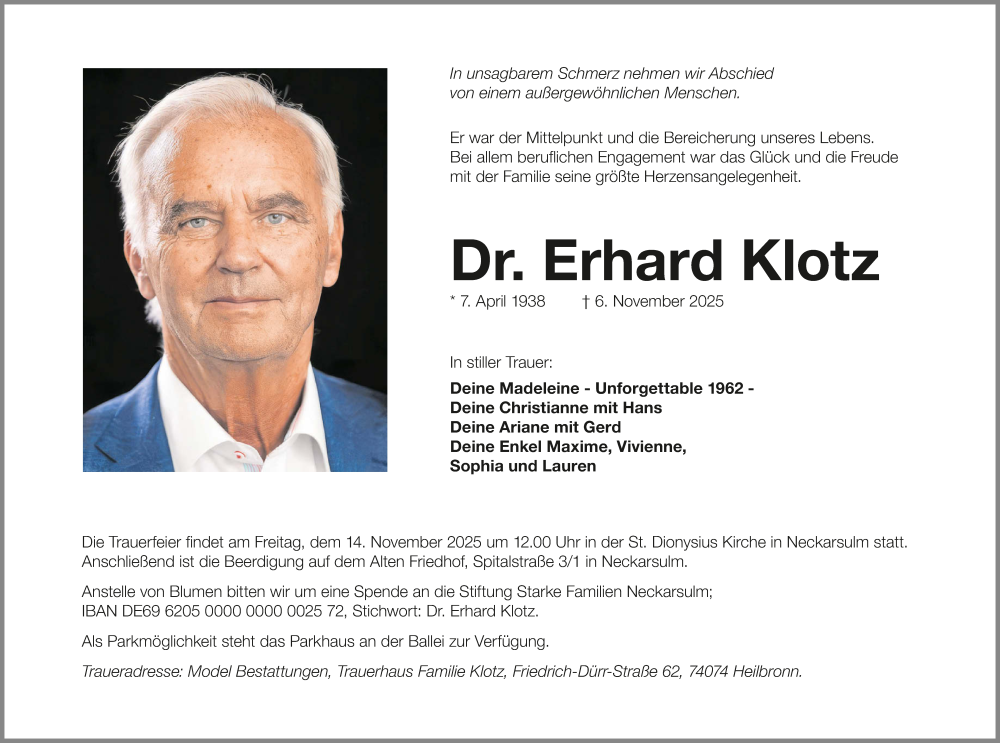  Traueranzeige für Erhard Klotz vom 12.11.2025 aus GESAMT