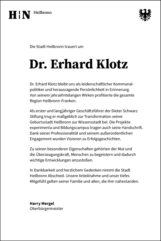 Traueranzeige von Erhard Klotz von GESAMT
