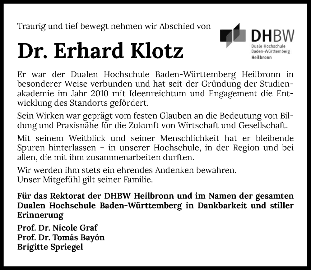  Traueranzeige für Erhard Klotz vom 12.11.2025 aus GESAMT