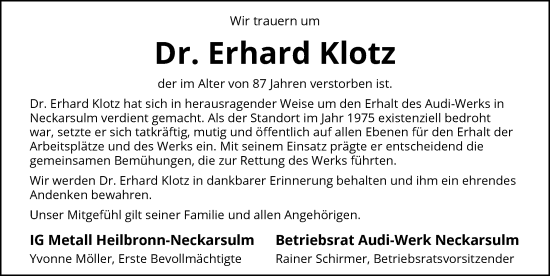 Traueranzeige von Erhard Klotz von GESAMT