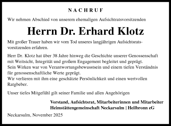 Traueranzeige von Erhard Klotz von GESAMT