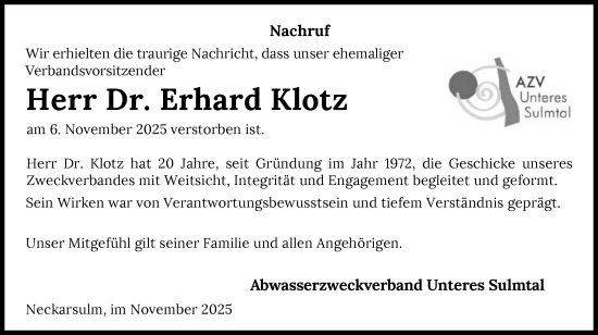 Traueranzeige von Erhard Klotz von GESAMT