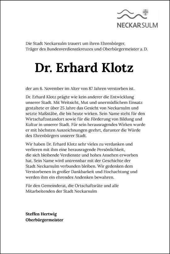 Traueranzeige von Erhard Klotz von GESAMT