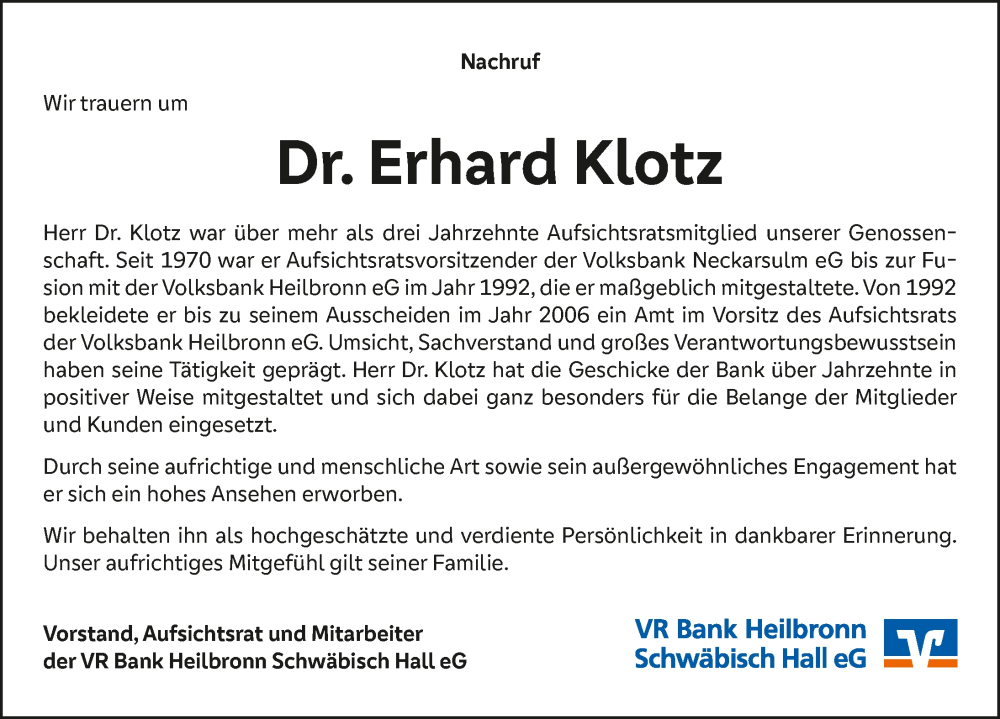  Traueranzeige für Erhard Klotz vom 13.11.2025 aus GESAMT
