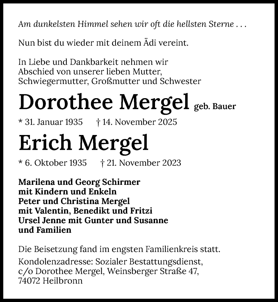  Traueranzeige für Erich Mergel vom 25.11.2025 aus GESAMT