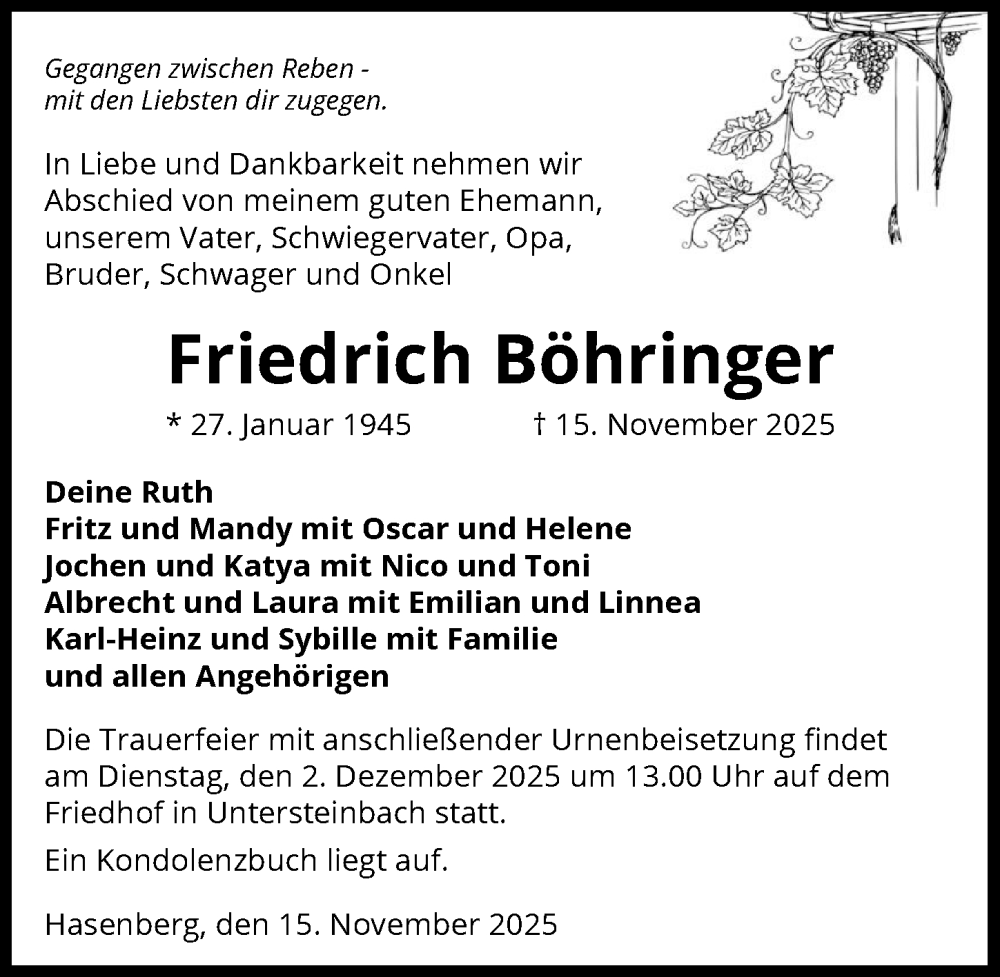  Traueranzeige für Friedrich Böhringer vom 29.11.2025 aus GESAMT