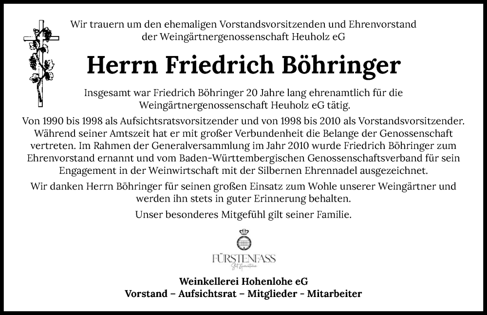  Traueranzeige für Friedrich Böhringer vom 29.11.2025 aus GESAMT