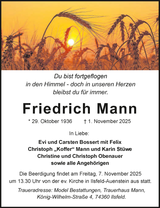 Traueranzeige von Friedrich Mann von GESAMT