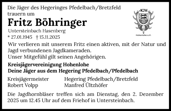 Traueranzeige von Fritz Böhringer von GESAMT