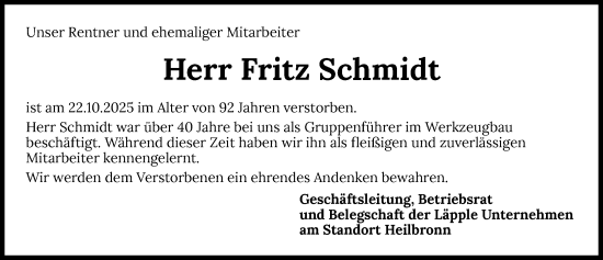 Traueranzeige von Fritz Schmidt von GESAMT