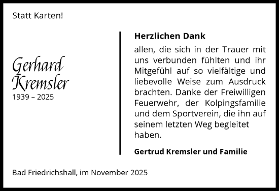Traueranzeige von Gerhard Kremsler von GESAMT