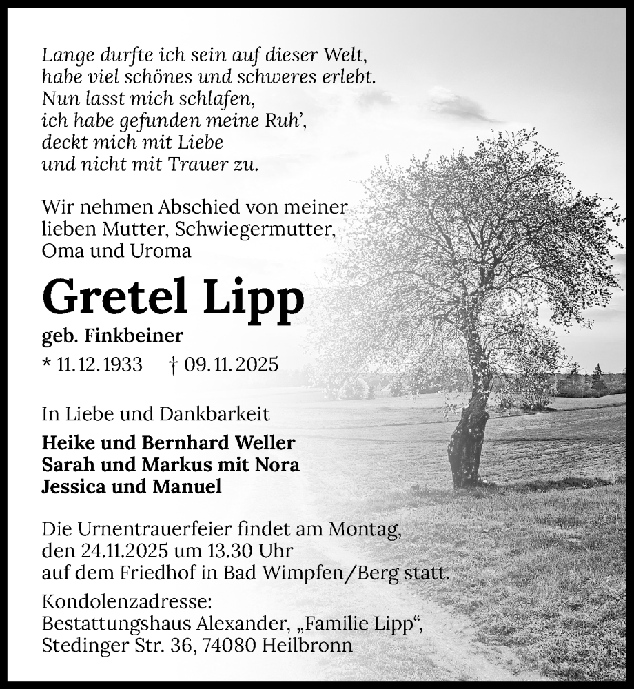  Traueranzeige für Gretel Lipp vom 15.11.2025 aus GESAMT