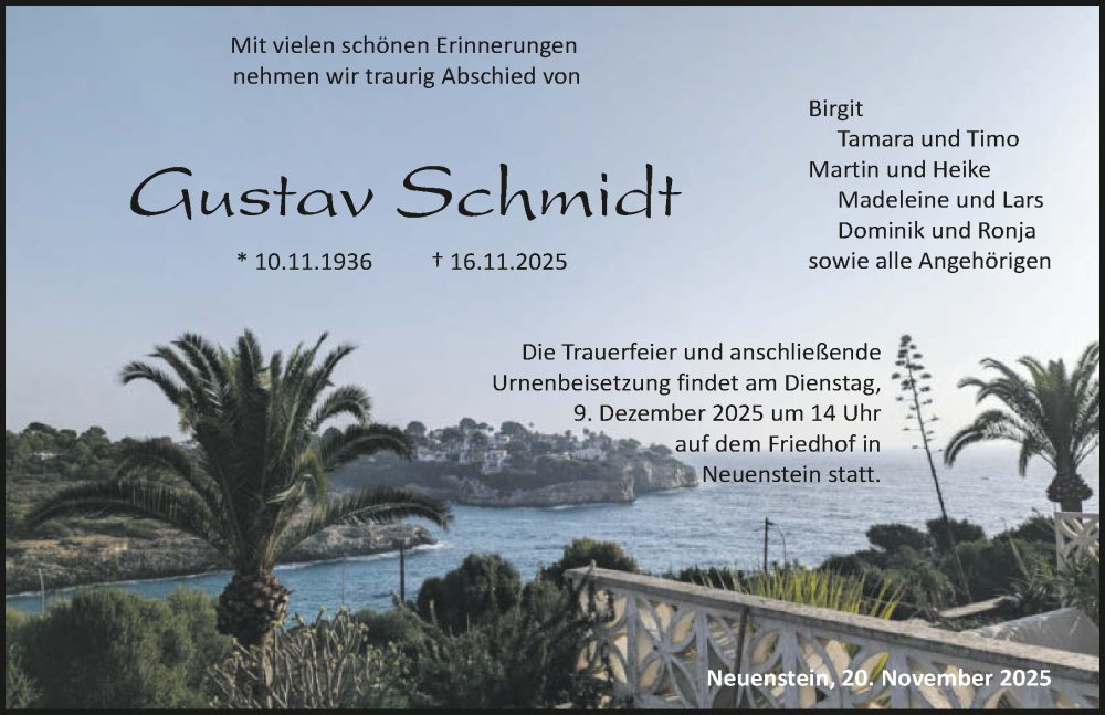  Traueranzeige für Gustav Schmidt vom 20.11.2025 aus GESAMT