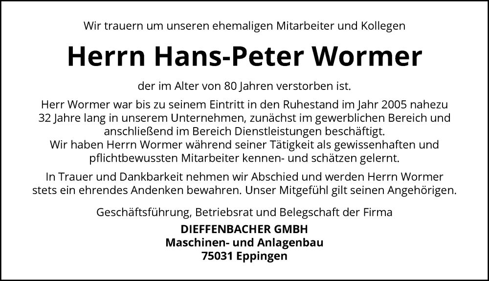  Traueranzeige für Hans-Peter Wormer vom 21.11.2025 aus GESAMT
