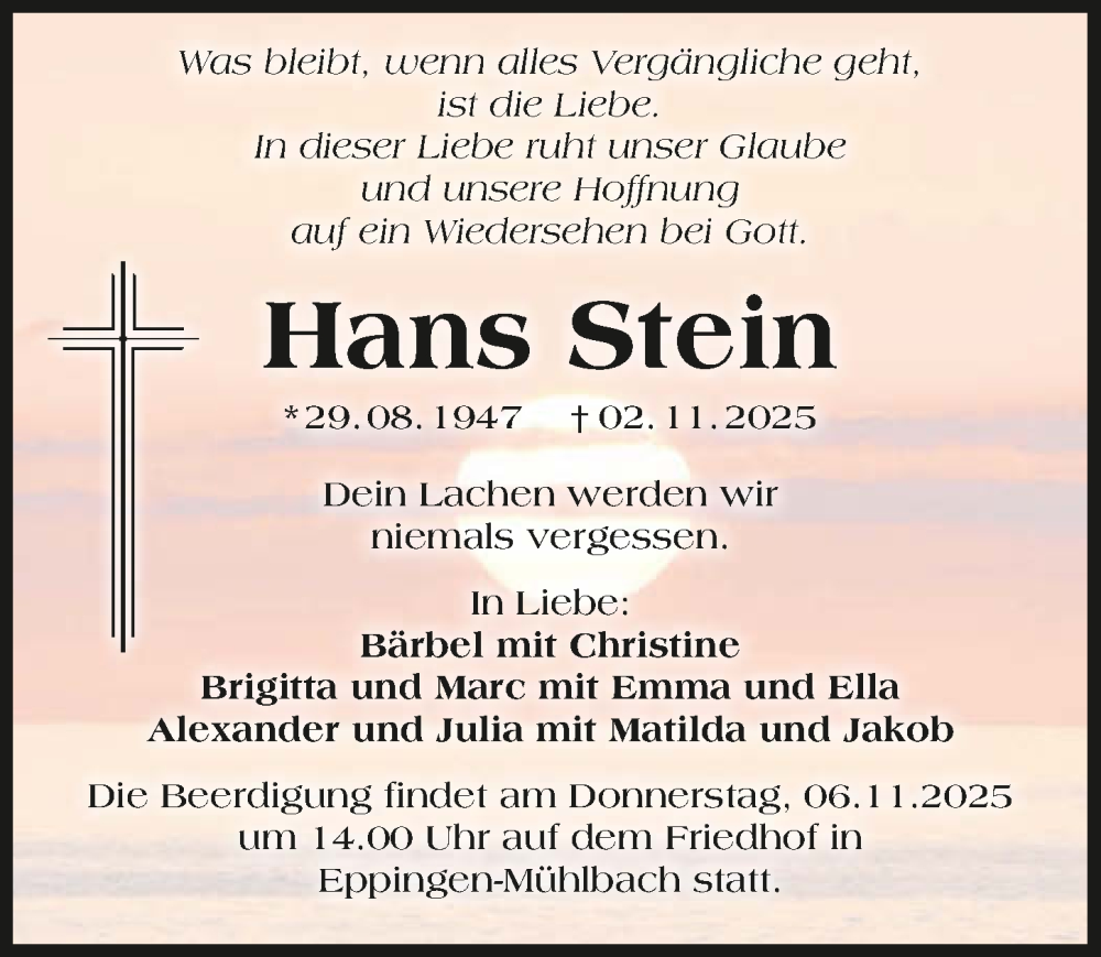  Traueranzeige für Hans Stein vom 05.11.2025 aus GESAMT