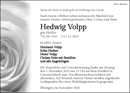 Traueranzeige von Hedwig Volpp von GESAMT