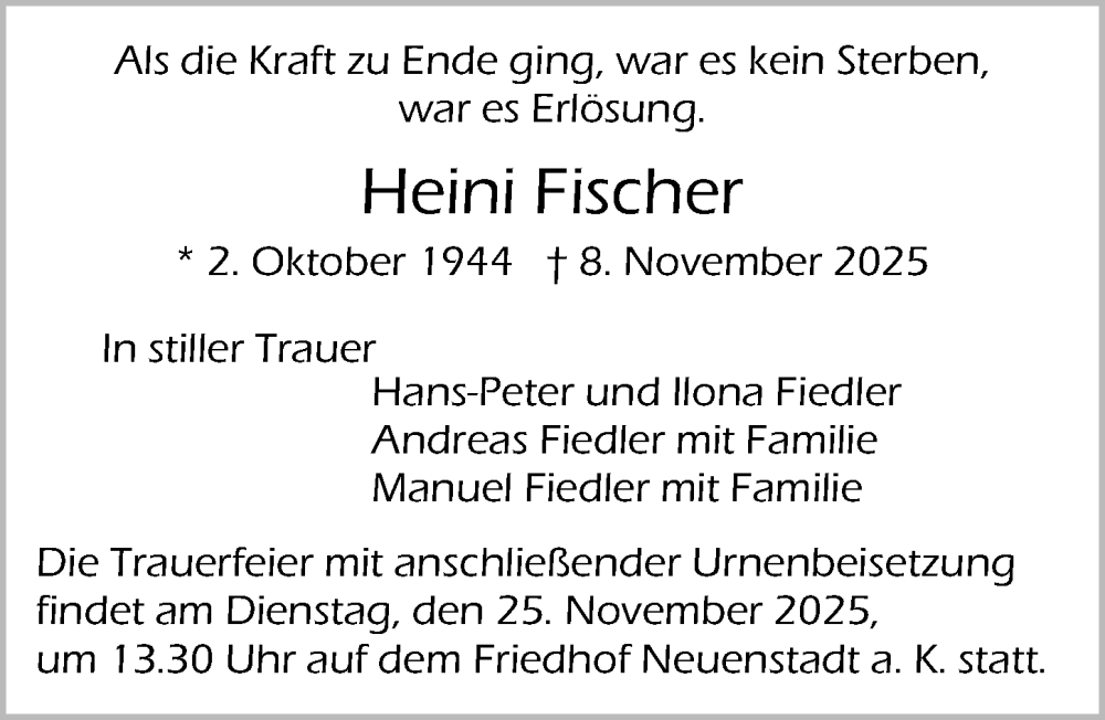  Traueranzeige für Heini Fischer vom 22.11.2025 aus GESAMT