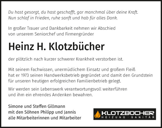 Traueranzeige von Heinz H. Klotzbücher von GESAMT