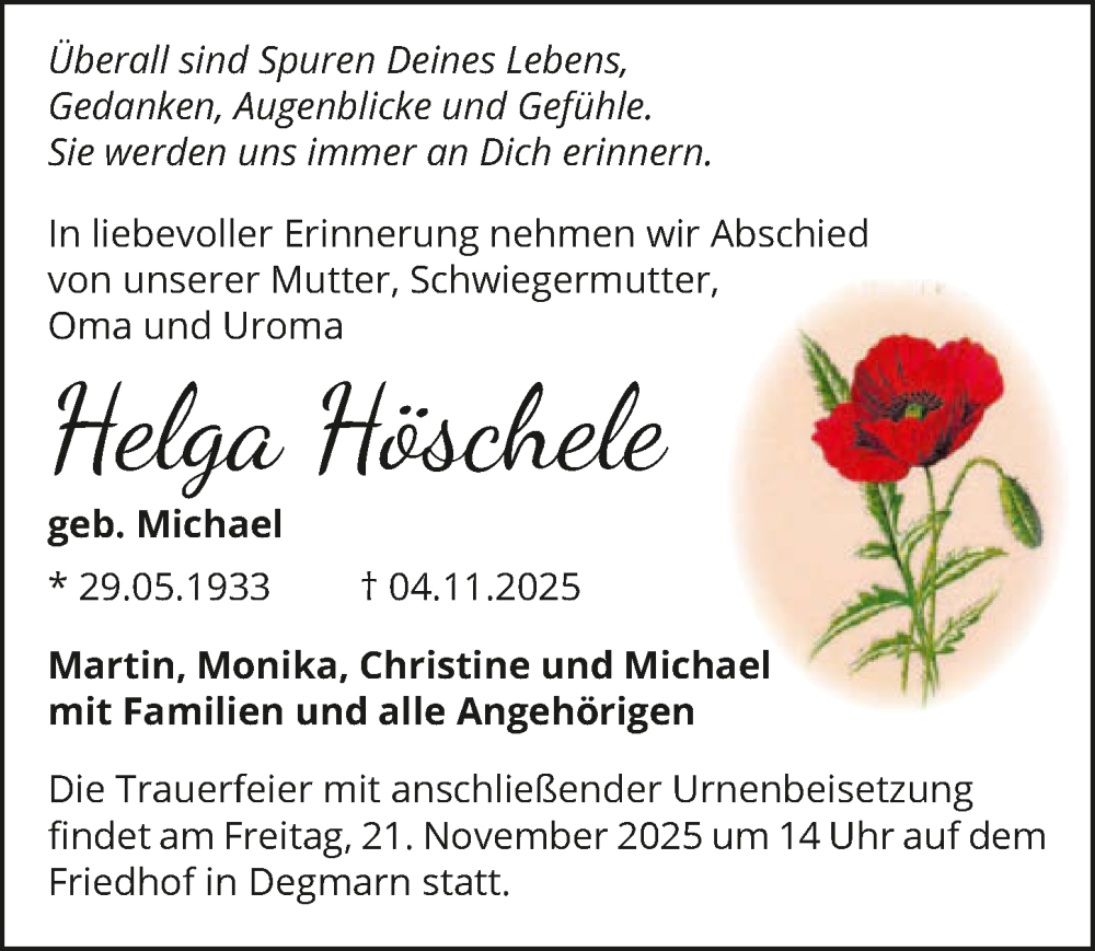  Traueranzeige für Helga Höschele vom 08.11.2025 aus GESAMT